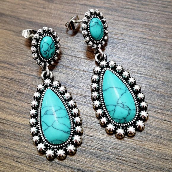 Bohemian Vintage Turquoise Silver Earrings - Picture 2 of 12